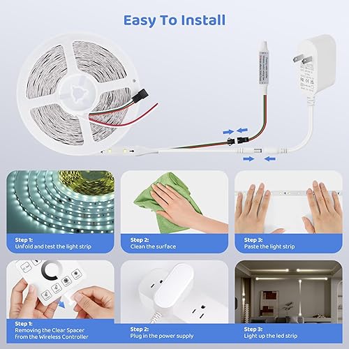 Miniatura 5 de HOUHUI Tira de luces LED blancas de 65.6 pies, 6500 K, tira de luz LED blanca que fluye de agua corriente con panel táctil, control inalámbrico, 28