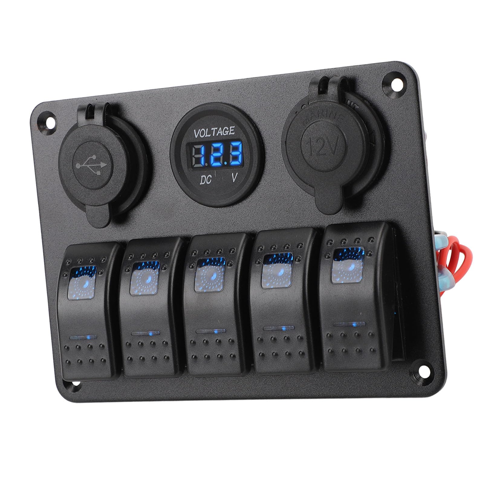 Pannello Interruttori a Bilanciere Marino a 5 Gruppi Pannello Interruttori Impermeabile in Lega di Alluminio 12V a 24V con Porte USB Voltmetro per Barche, e Veicoli (BLUE)