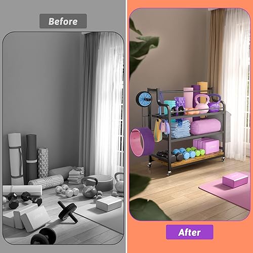 Miniatura 6 de Cyclysio - Estante de almacenamiento para esterillas de yoga, 35.6 pulgadas de ancho, organizador de equipo de entrenamiento para mancuernas, pesas