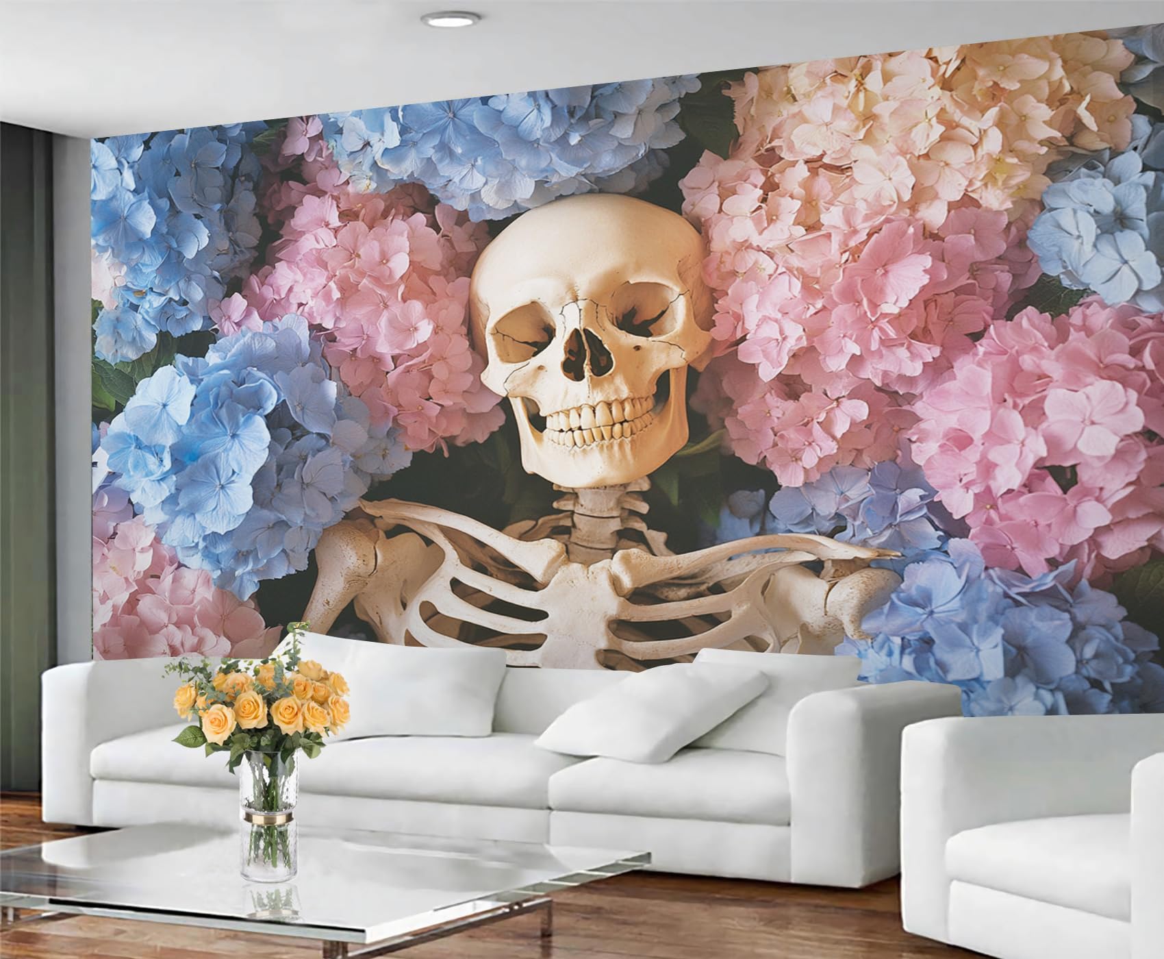Gothic Wallpaper, Funny Skull Peel and Stick Wallpaper for Bedroom, Renter Friendly Wall Paper for Living Room, Pastel Floral Wall Mural - Large Home Decor 400x280 cm