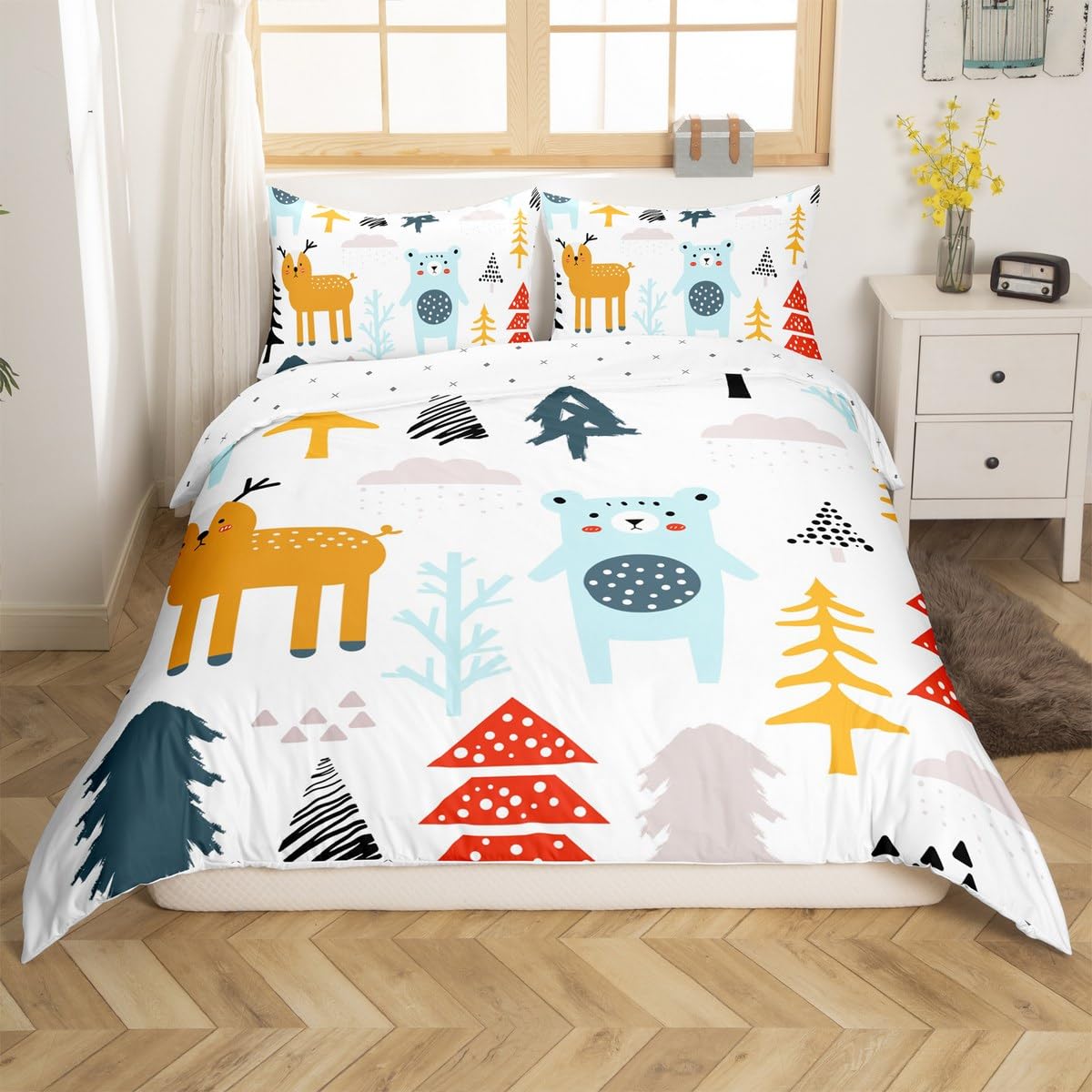 Homemissing Cartoon Bear Deer Duvet Cover Set Double Size For Kids Boys Girls Teens Wild Animal Bedding Set Tree Branches Pattern Comforter Cover with 2 Pillowcases Natural Theme Bed Sets