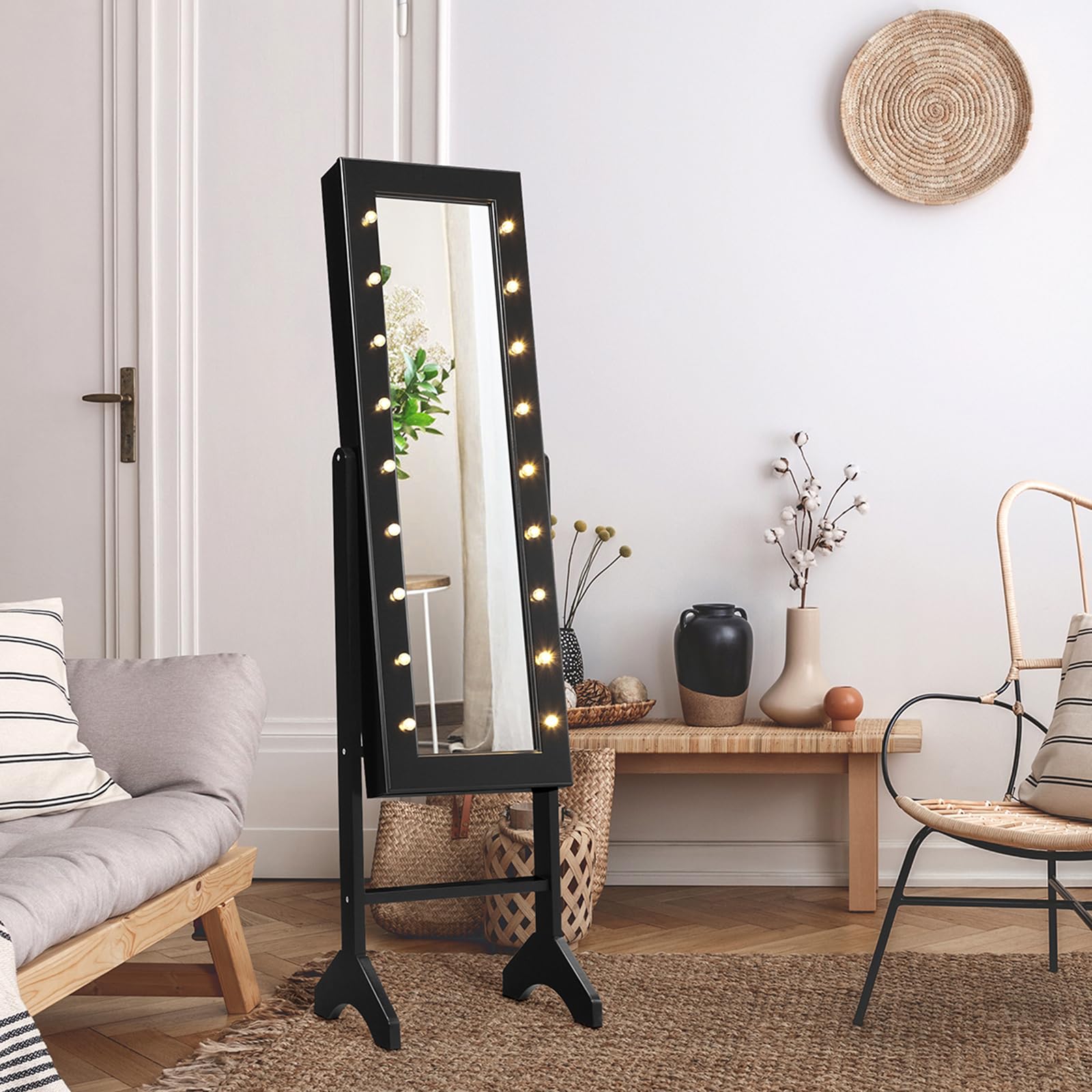 COSTWAY Portagioie Armadietto Specchiera con 18 Luci LED, Specchio a Figura Intera, Organizer per Gioielli Moderno Elegante, 145x35x31,5cm (Nero)