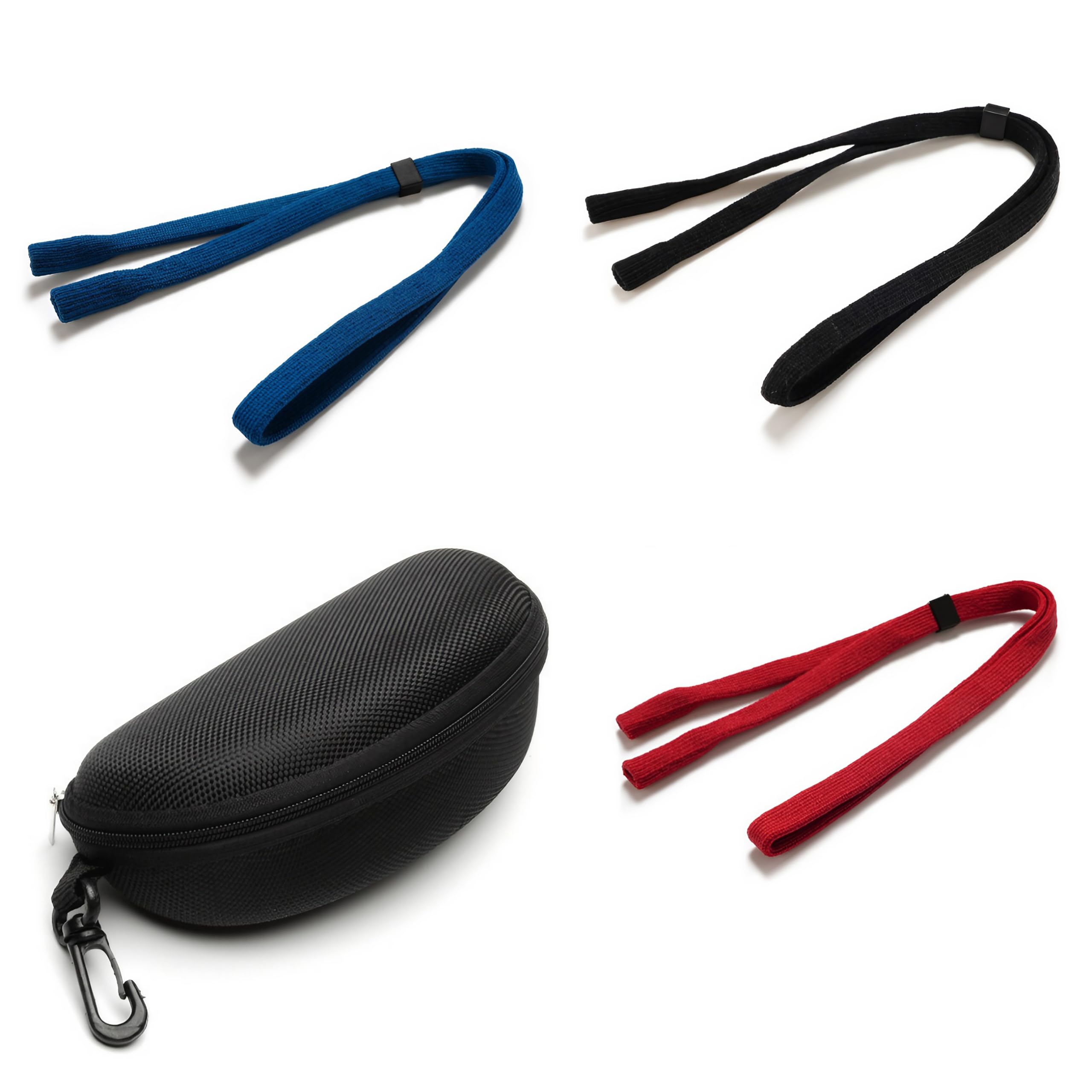dynamoll Pack 3 Correas + Funda Rígida, Cordón Ajustable antideslizante para Tus Gafas de Sol, Graduadas o de Lectura. Incluye Funda con Mosquetón para transportar tus Lentes, para Hombre, Mujer y Niño