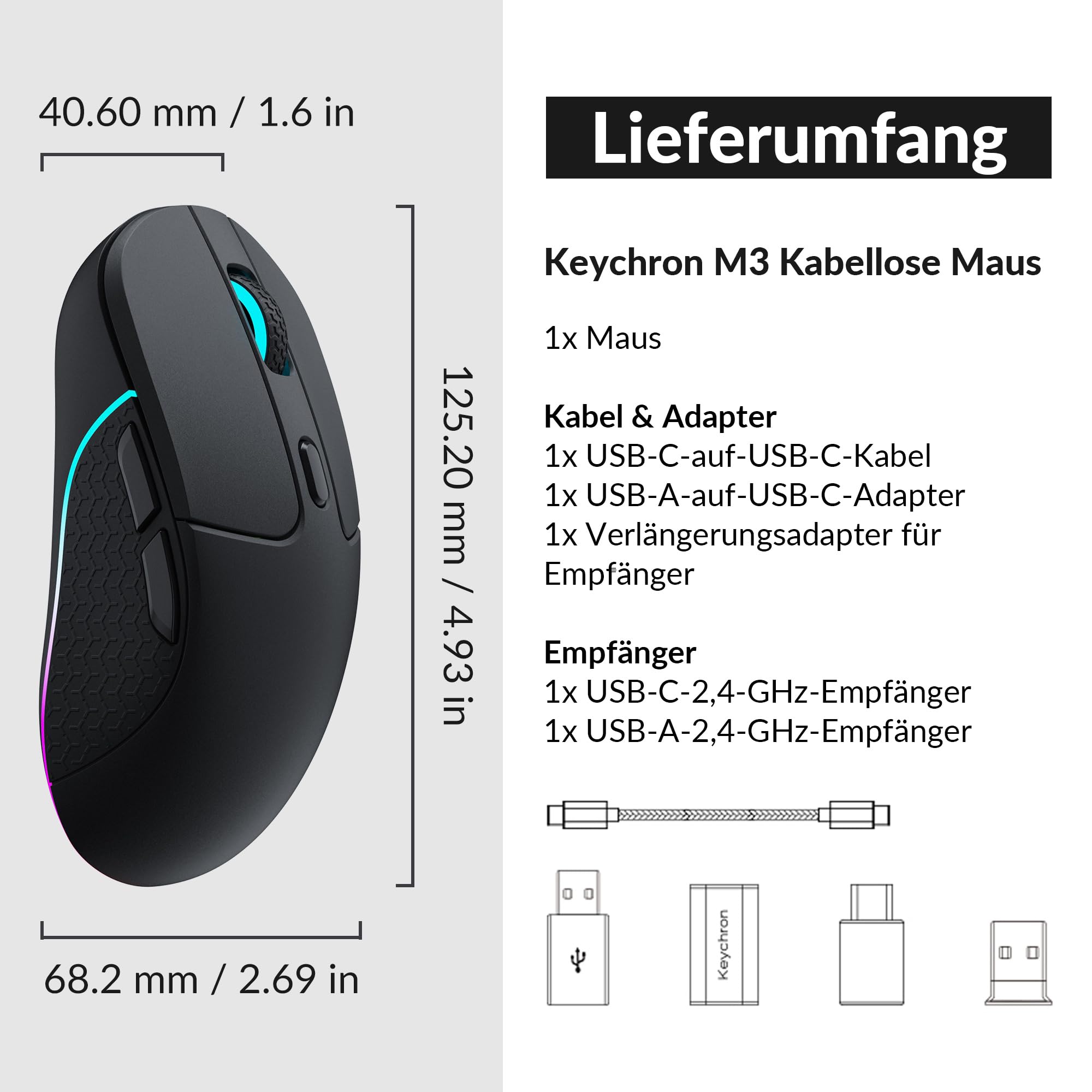 Keychron M3 programmierbare kabellose Maus, 2,4 GHz/Bluetooth 5.1/USB-C-Anschluss, 26000 DPI, PAW3395-Sensor, RGB-LED, 70 Stunden Akkulaufzeit, 79 g Gaming-Maus für PC, Mac und Laptop – Schwarz