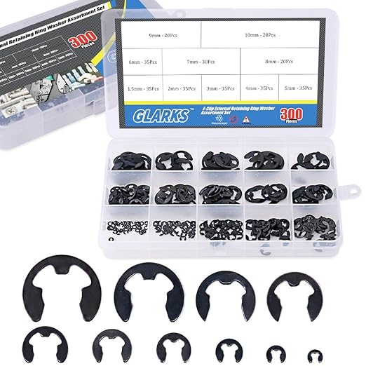 Glarks 300-Pieces 10 Size Black Alloy Steel E-Clip External Retaining Ring Washer Assortment Set