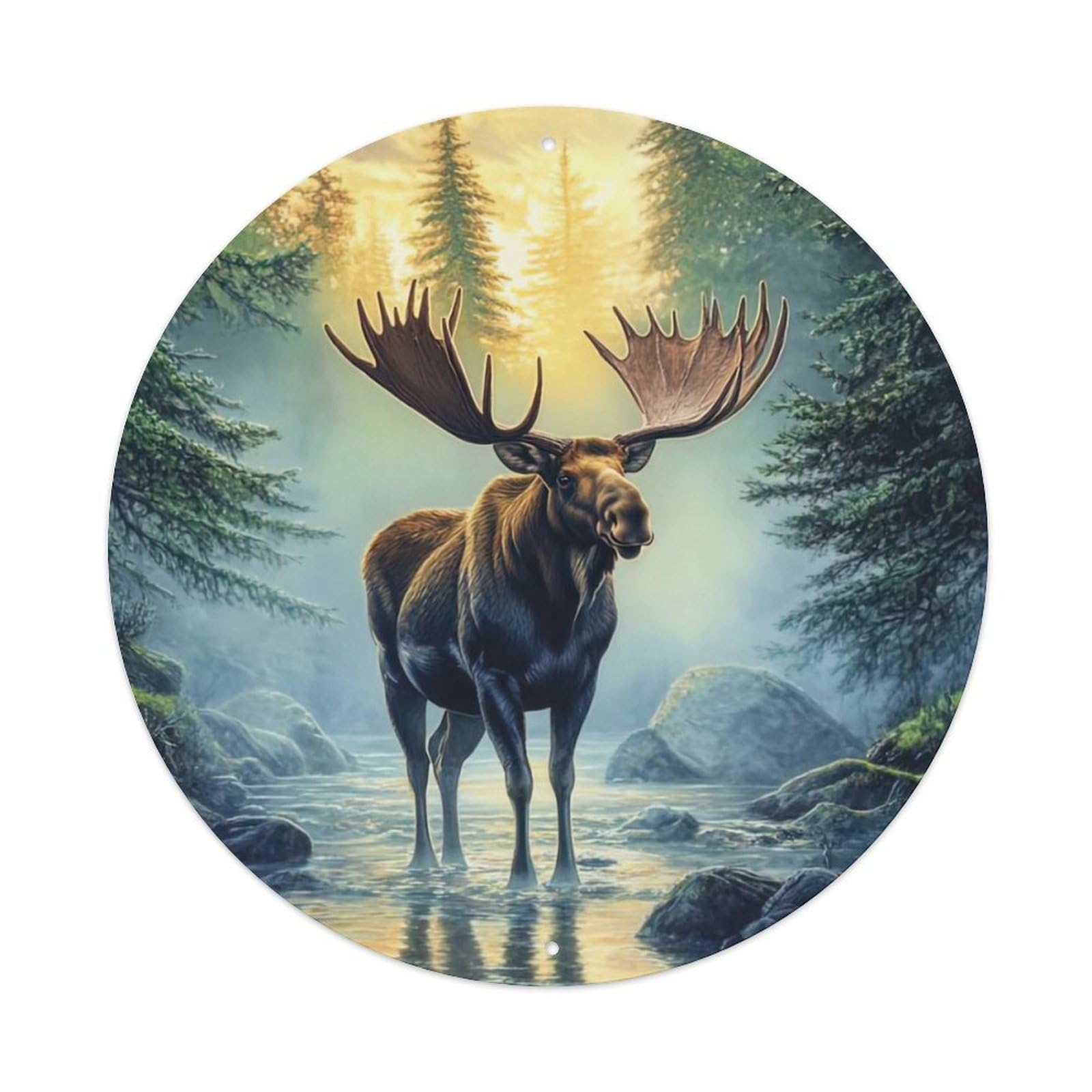 Animal Moose by The River Artwork Vintage Metal Tin Sign Plaque Wall Decor for Cafe, Club Bar, Office, Garden Metal Poster 8x8Inch