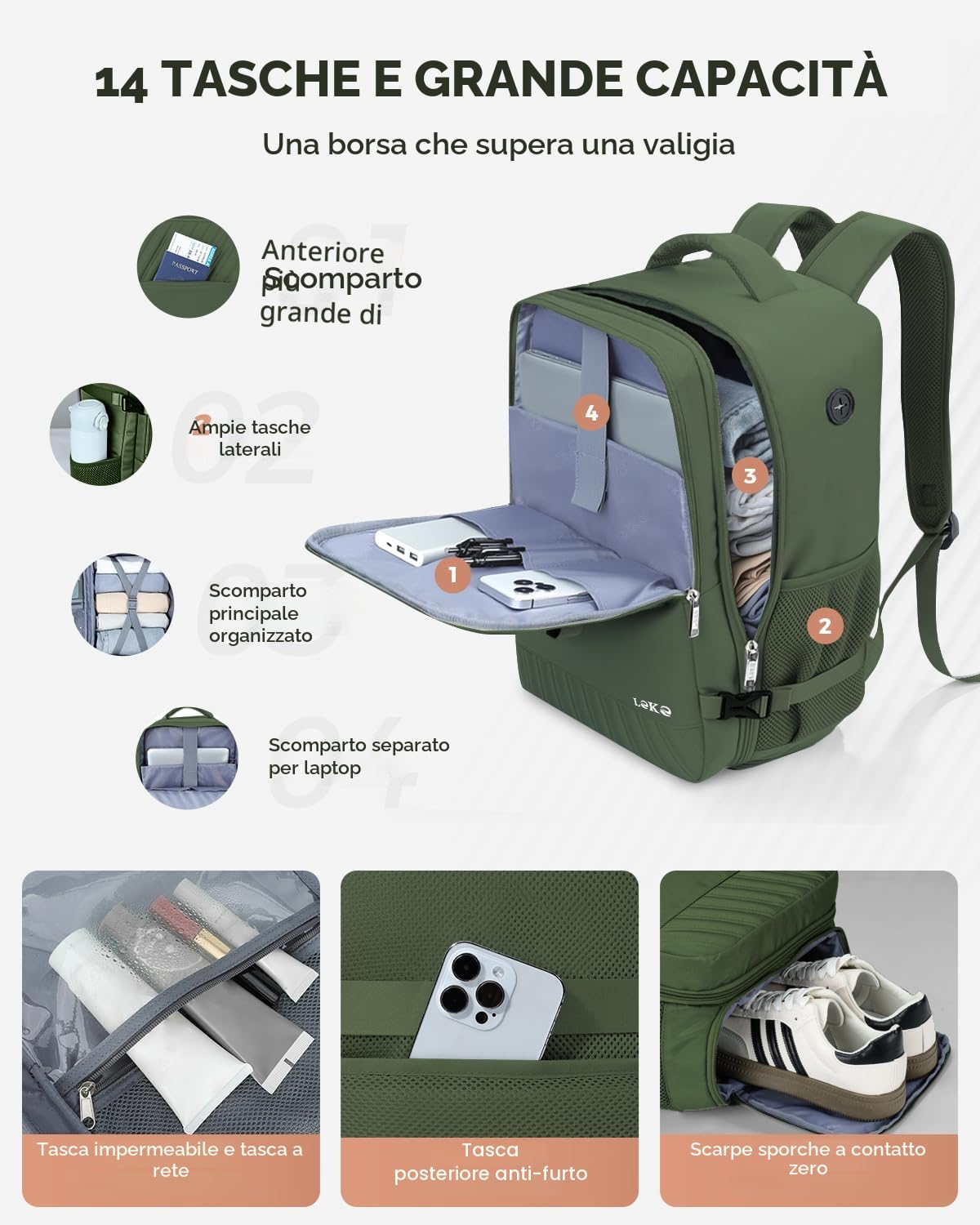 Zaino Ryanair 40x20x25 Zaino da Viaggio Aereo Bagaglio a Mano, Zaini Porta PC Uomo Donna con Scomparto Scarpe, Borsa da Cabina Viaggio Piccolo per Lavoro Scuola Casual Trekking, Verde