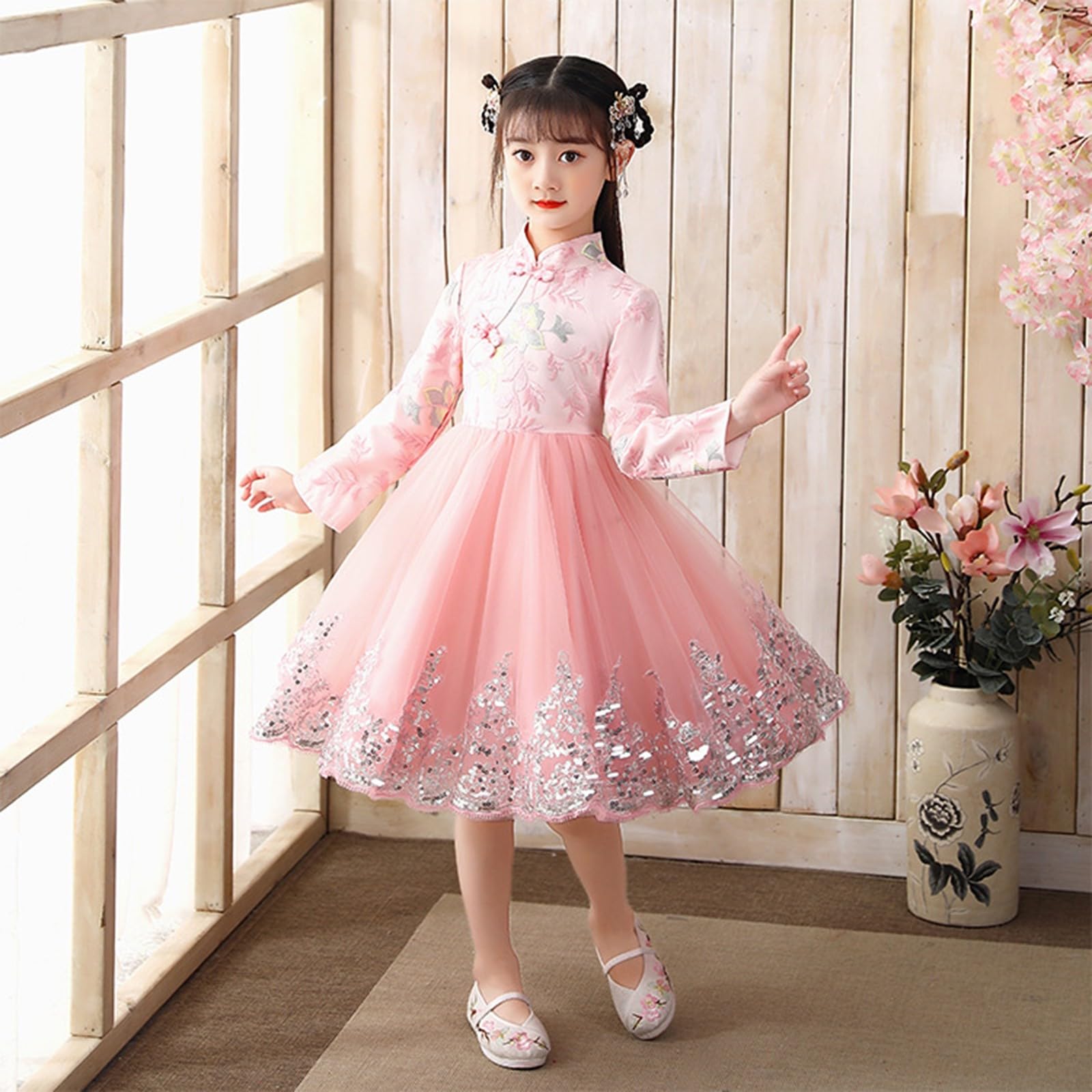 Chinesisches Kleid für Mädchen, Qipao, Blumenmuster, lange Ärmel, A-Linie, Neujahr, Geburtstag, Hochzeit, Cheongsam, Kinder, traditionelles Festival-Outfit