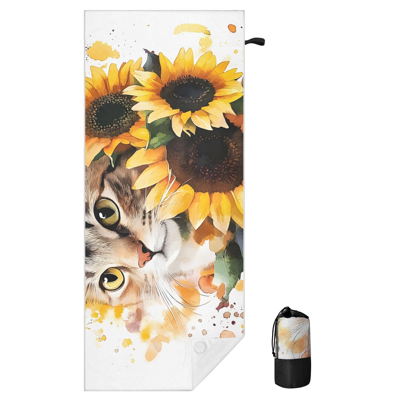Grandes serviettes de plage avec sacs en maille pour adultes, serviette de bain chat tournesol avec fermeture magnétique, anti-sable, serviette à séchage rapide pour piscine, camping et voyage