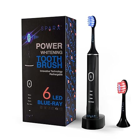 Power Whitening Electric Toothbrush | Rechargeable | Ultrasonic with with 2 LED Brush Heads and 3 Modes for Whitening, Polish and Gum Care (Black)