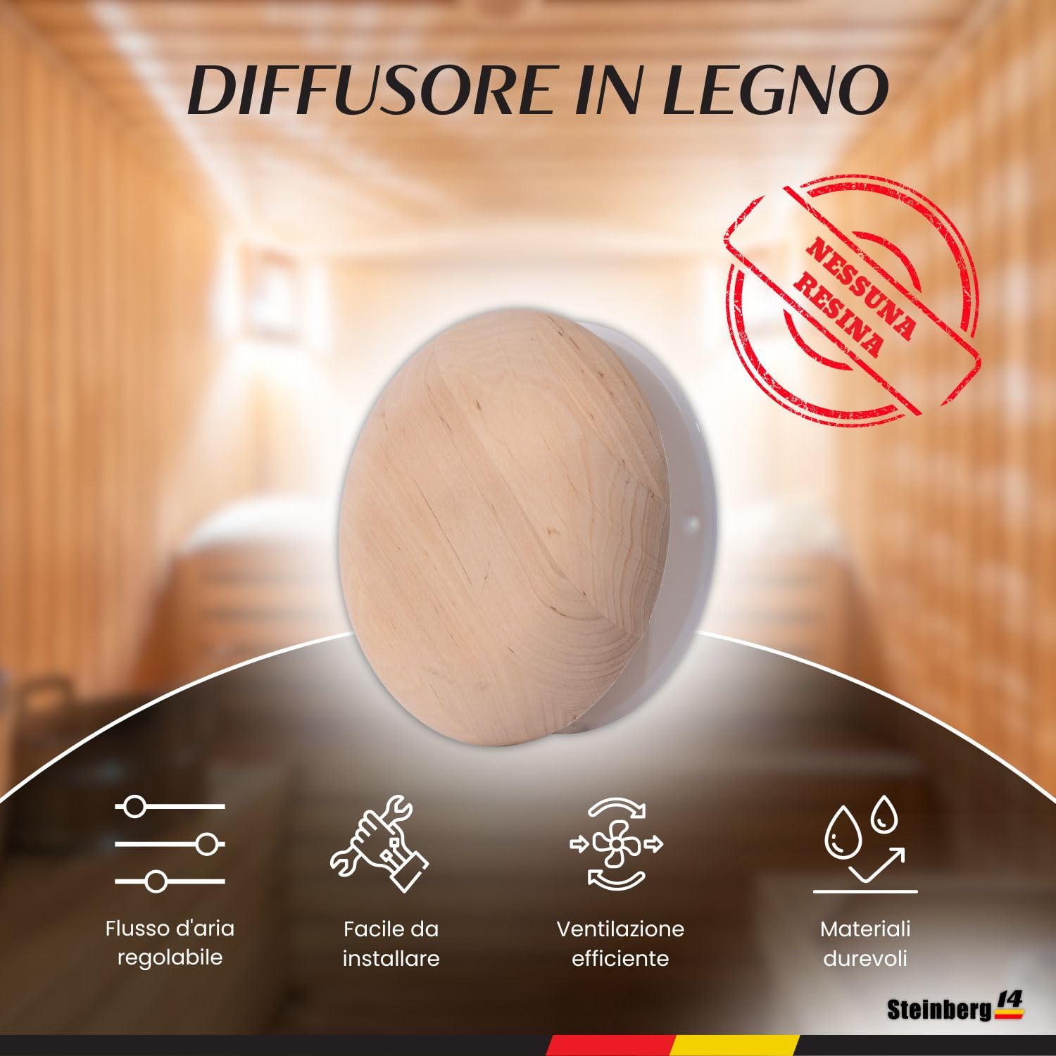 Steinberg14 Diffusore in Legno per Sauna 125mm Griglia di Ventilazione Valvola a Disco Regolata Copertura Condotto Rotondo