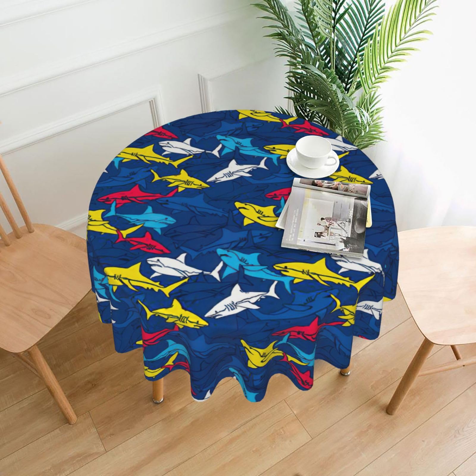 SDEGTHO Shark Print Modern Retro Round Tablecloth 60in Polyester Fabric Cover for Party Dining Table Washable