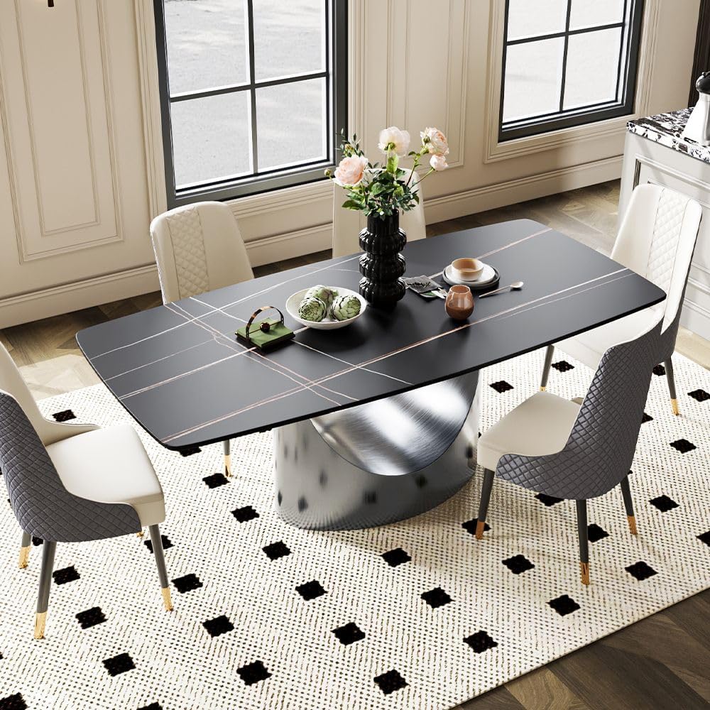 POVISON 63" Modern Dining Table for 6-8, Matte Black Hobart Rectangle Dining Table, Sintered Stone Dining Tabletop with U-Shape Carbon Steel Pedestal