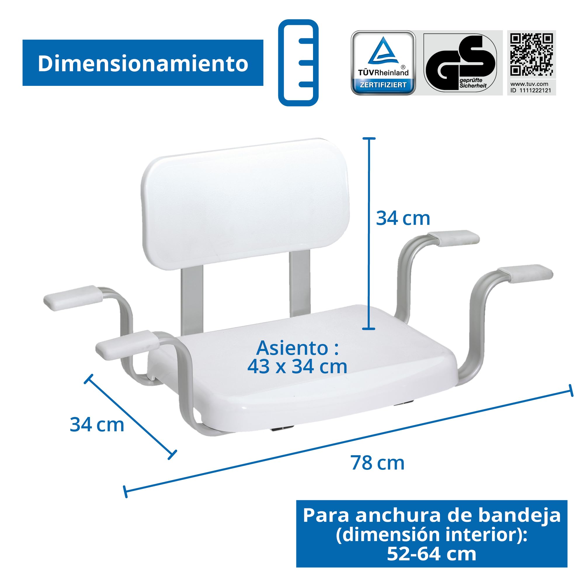 WEINBERGER Badewannensitz mit Rückenlehne, Sitzhilfe für Badewannen mit Innenmaß von 59-72 cm, sehr stabil bis 150 kg, Aluminium, Sitzbrett, Badebrett, Badehocker/Farbe: Weiß/Modell: 48538