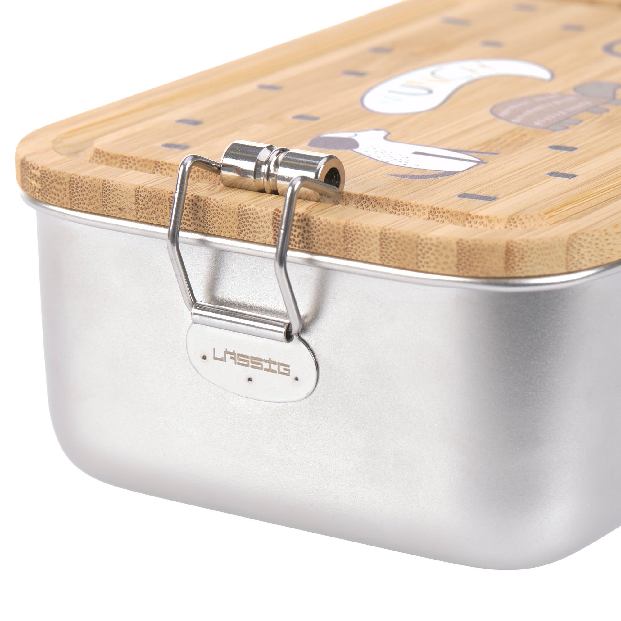 LÄSSIG fiambrera infantil de acero inoxidable y bambú fiambrera sostenible guardería escuela/Lunchbox Bamboo Happy Prints