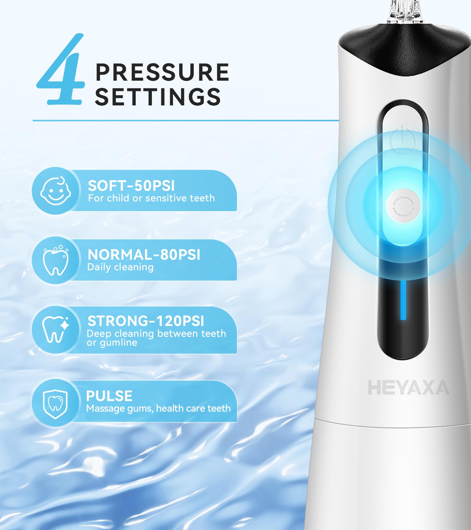 Irrigador dental de agua para dientes, irrigador bucal inalámbrico, 5 modos de limpieza, 4 puntas de chorro reemplazables IPX 7 impermeable (blanco)