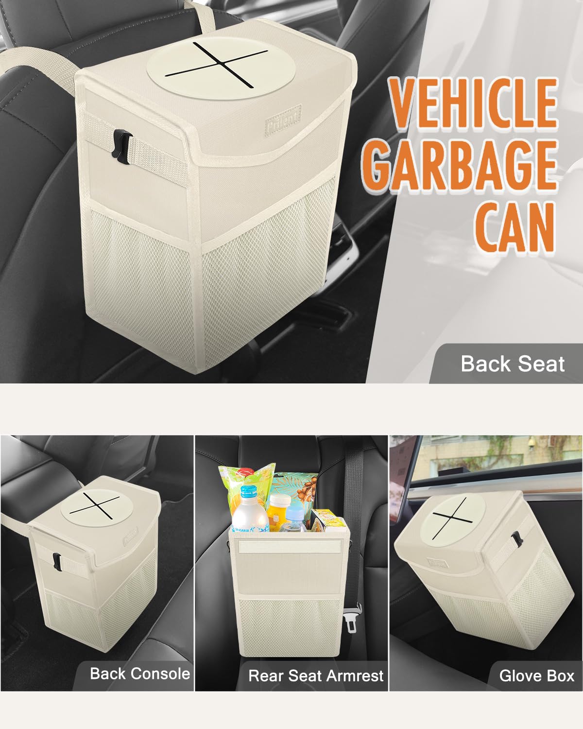 Pritent Poubelle de voiture avec couvercle, joli sac poubelle de voiture étanche à suspendre pour véhicule – Petite poubelle portable pour siège arrière/avant (12 litres, beige)