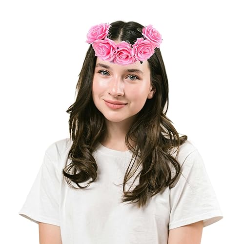 Miniatura 8 de Diadema para mujer, corona de rosas y flores, diadema floral hawaiana de flores Luau para fiestas, festivales, accesorios de fotos (beige)