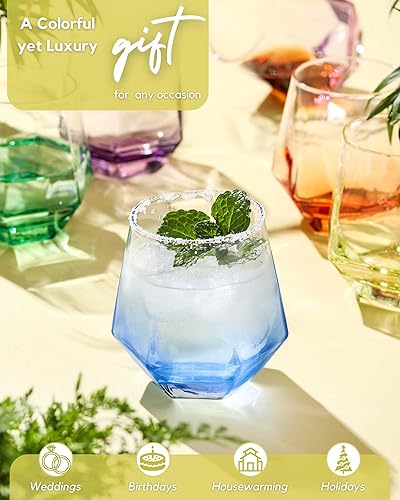 Miniatura 6 de ColoVie Juego de 6 copas de vino sin tallo, copas de cóctel, copas de vino en forma de diamante para vino blanco o tinto, vasos coloridos únicos, 10
