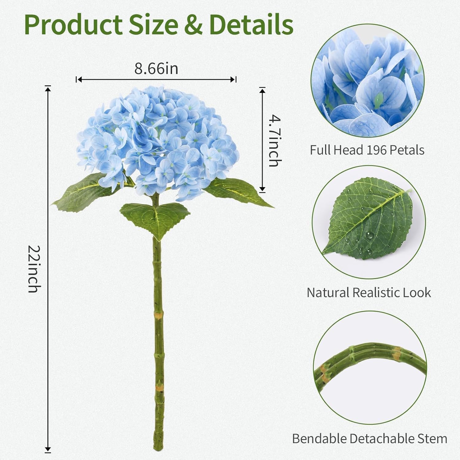 Sherika 22" Real Touch Hydrangea Artificial Flowers, 3Pcs Blue Full Latex Faux Hydrangea Fake Flowers with Long Stem & Leaves for Home Decor Party Floral Arrangements Centerpieces Wedding Bouquets - Image 3