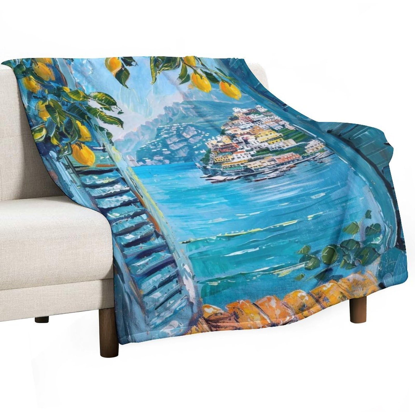 Yhgsreuoh White-Style Mediterranean Lemon Window 01 Flannel Blankets Fleece Soft Throw Lightweight Plush Gifts For Couch, Bed, Cozy Sofa Plush, Chair, Lovers 100X130cm(40X50in)