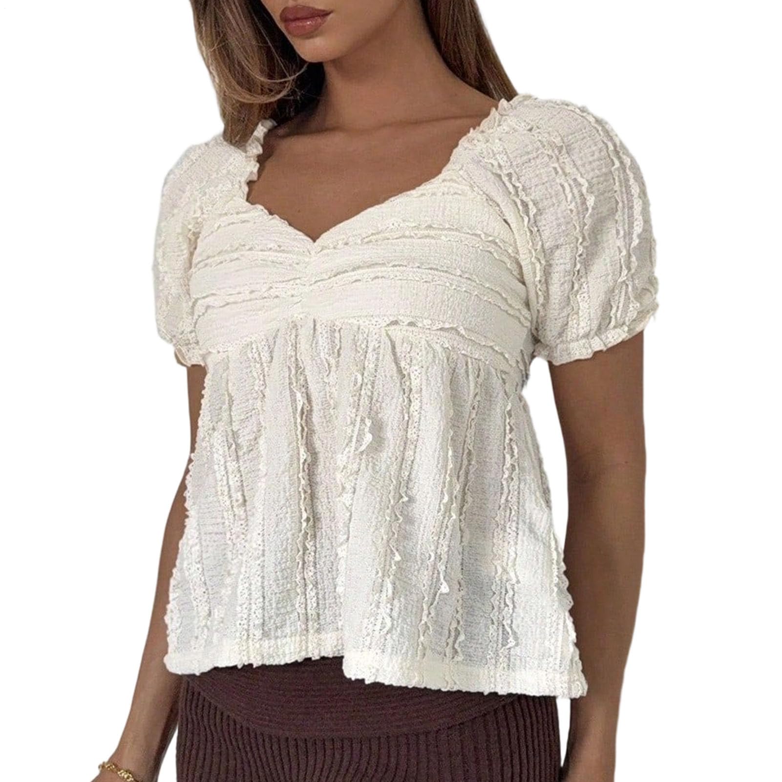 Peplum Babydoll Tops for Women,Sweetheart Neck Puff Sleeve | Short Sleeve Blouses Going Out Tops | Daily Wear