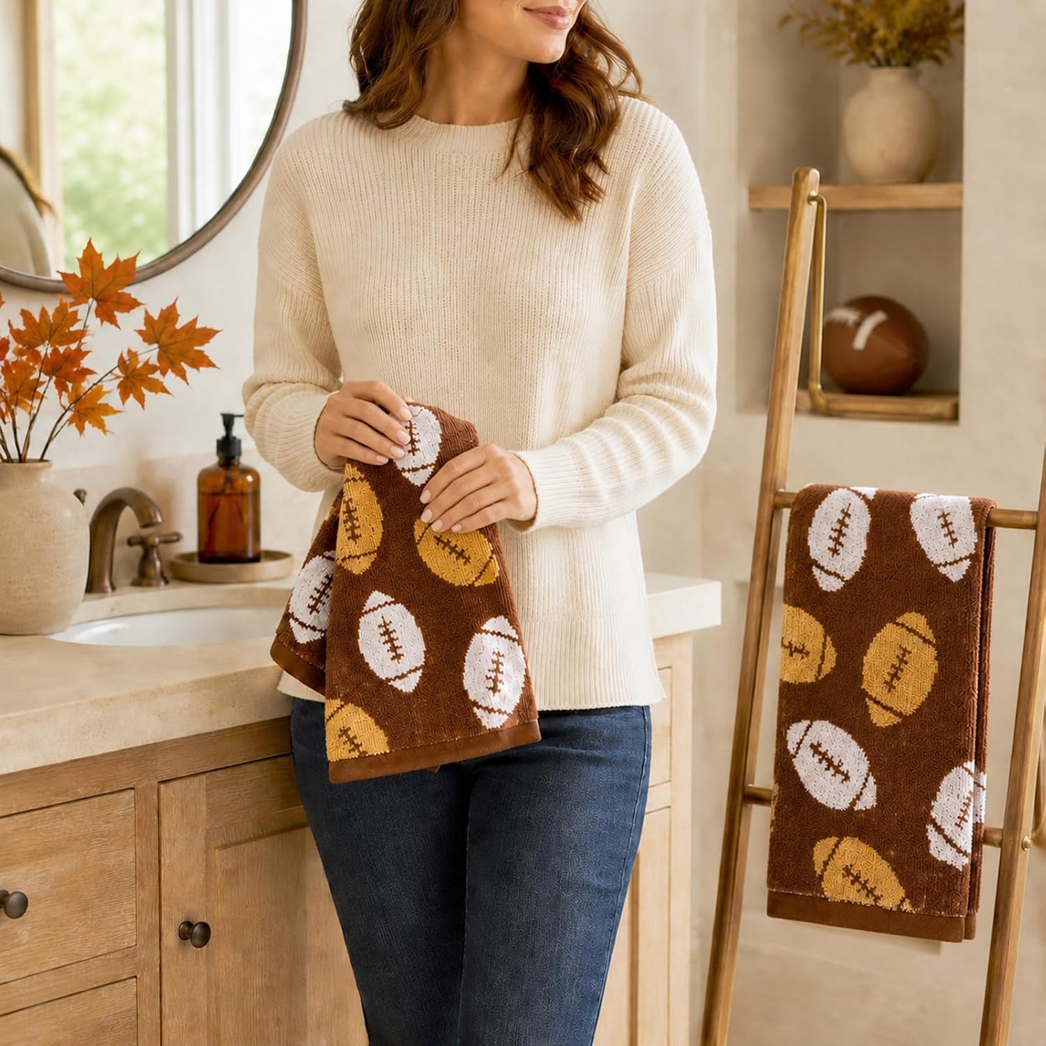 FYSUIMU 2Pcs Fall Football Hand Towels, Brown Tan Rugby Decorative Towels, Double-Sided Cotton Soft Absorbent, Farmhouse Autumn Sport Theme Gift for Kitchen & Bathroom Decor，29.5 x 13.8 Inch