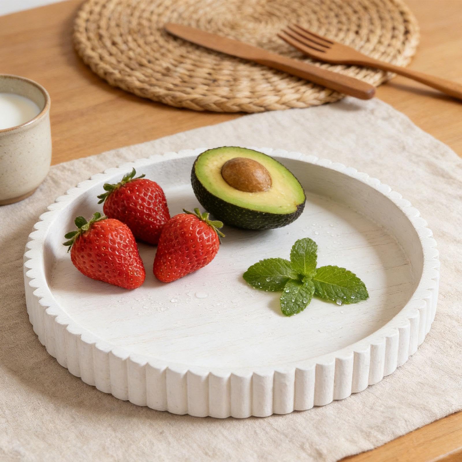 rockible Bandeja Redonda de Madera Platos Servir Cena Decoración Hogar Borde Elevado Función Antideslizante Útil para Organizar Cocina Baño Regalo 28cmx3cm
