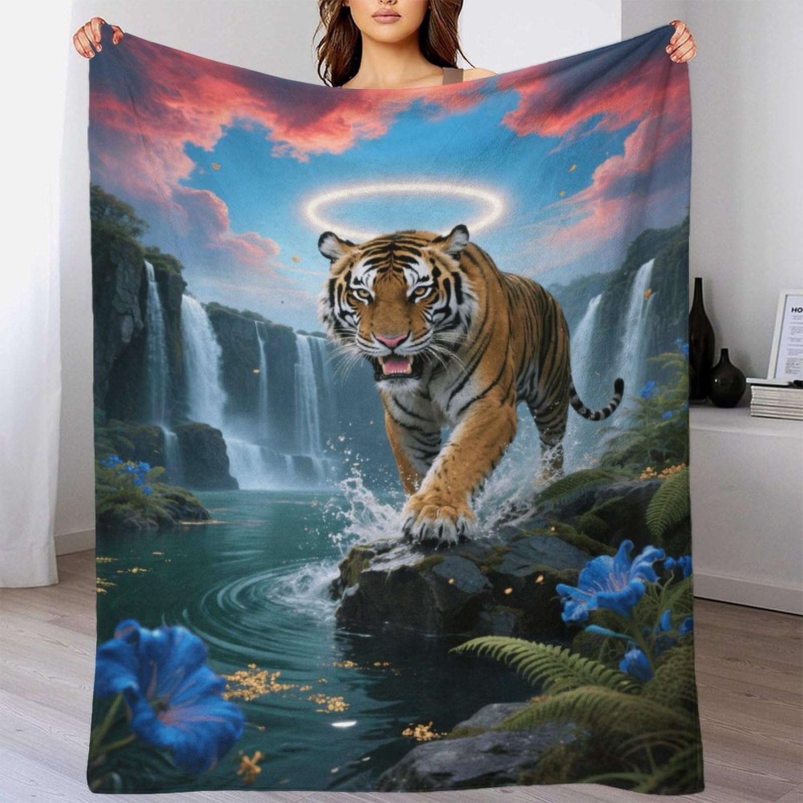 EMYXPAQM Manta De Franela Tigre King, Manta para Sofá con Diseño De Cascada, Acogedora, Esponjosa Manta DecoRataiva para Sofá, Dormitorio, Cama, 40x50inch(100x130cm)