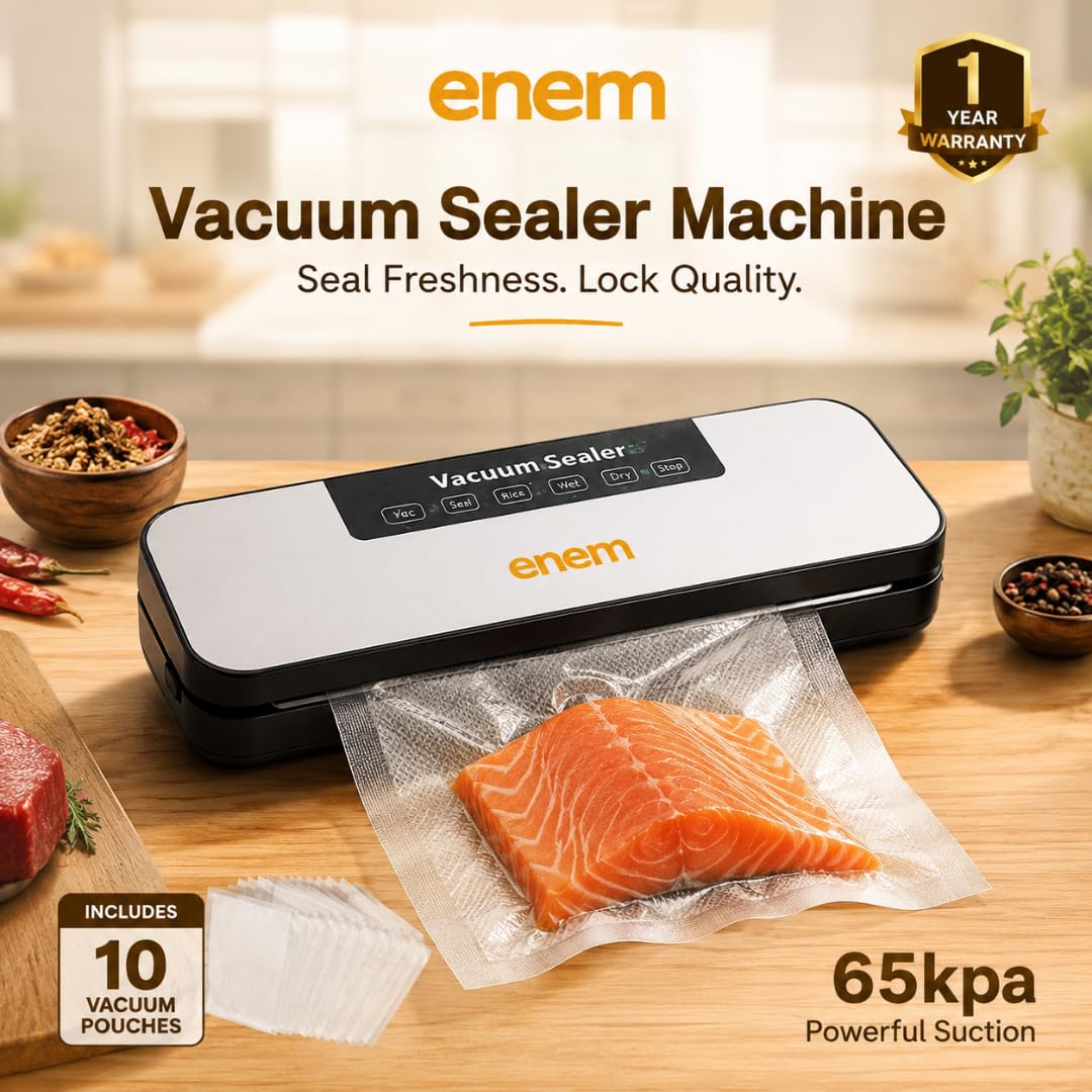 ENEM Vacuum Sealer Machine for Packing, Sealing Machine for Food Packets, 65kpa Automatic Packet Sealer Machine, with 1 Year Warranty from Enem, With 10 Vacuum Pouches 2
