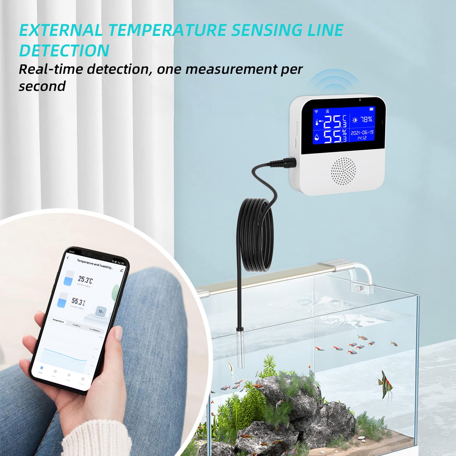 Termómetro inalámbrico higrómetro, termómetro CEIEVER WLAN higrómetro aplicación notificación y almacenamiento de datos Bluetooth Thermo higrómetro funciona con Alexa/Google