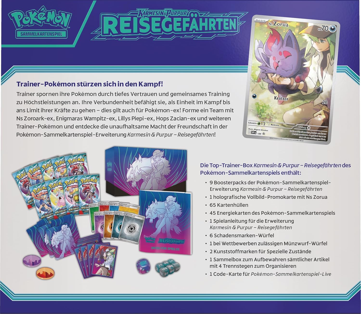 Pokemon towarzysz podróży Top Trainer Box Karmesin & Purpur 9 - niemiecki NOWY & OVP oraz BB-Toy-Trades-Toploader