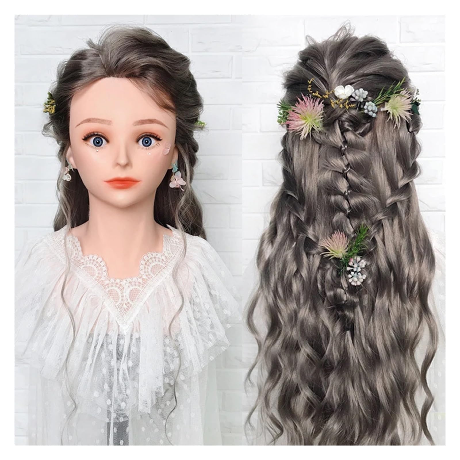 80% Echthaar, professioneller Schaufensterpuppenkopf mit Schultern, Friseur-Praxisfrisur, Friseurkopf mit Schulter(White)