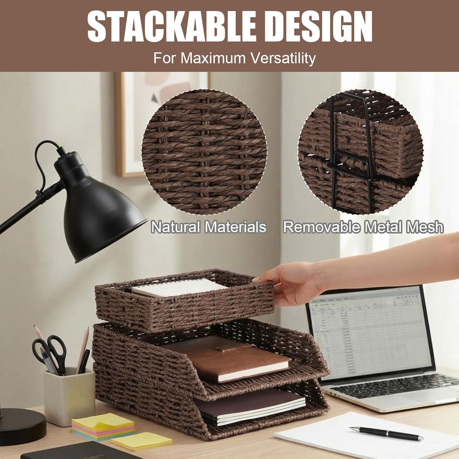 Geelin 3 Pack Paper Rope Woven Stackable Desk Organizer Letter Tray, Brown Tabletop Desk Basket for Storage Paper Letter Folders Notebooks Copy Print, Workspace Holder