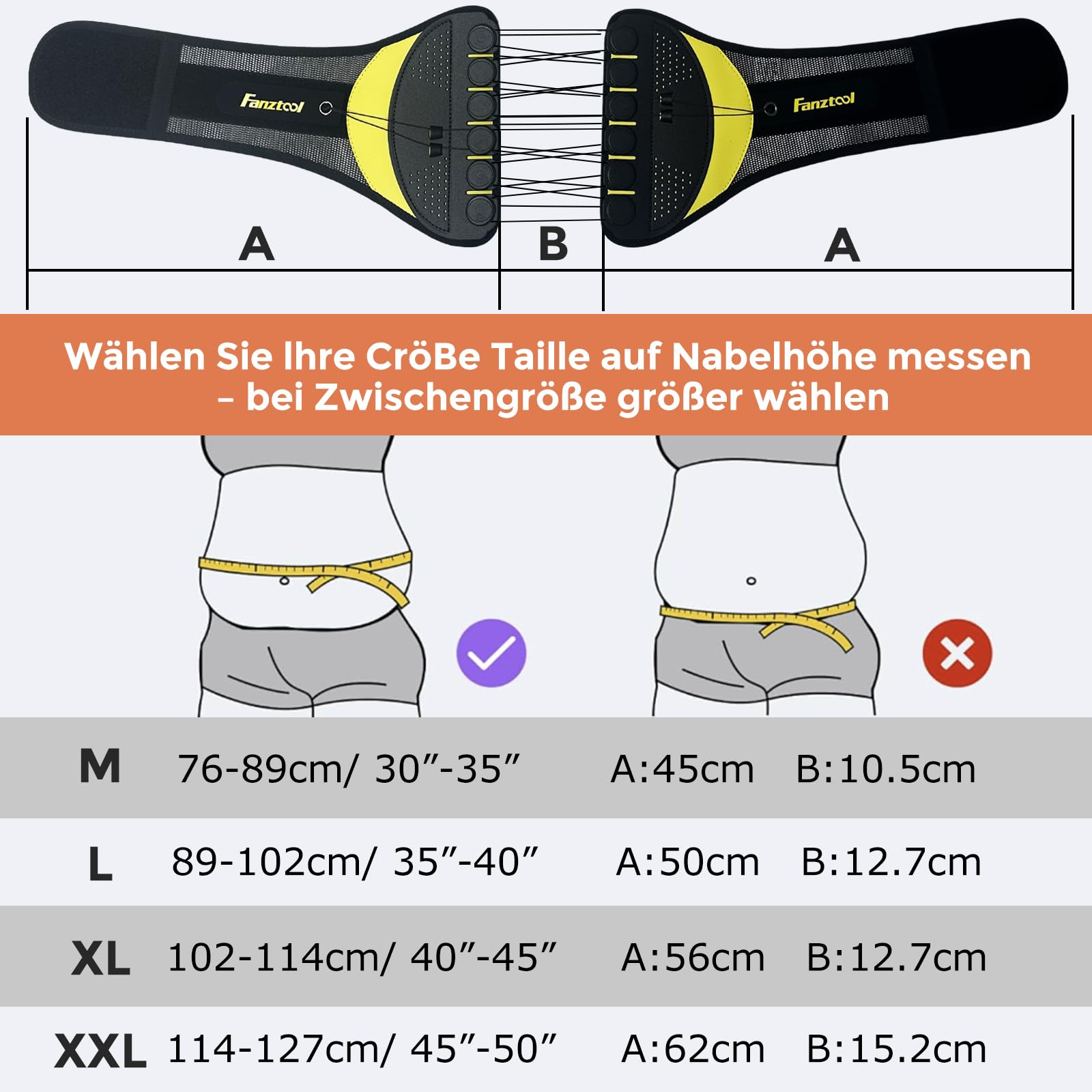 FANZTOOL Ceinture de soutien dorsal avec angle préformé à 80°, soutien lombaire respirant, ergonomique, flexible – Particulièrement adaptée pour les tours de ventre plus forts, agréable à porter