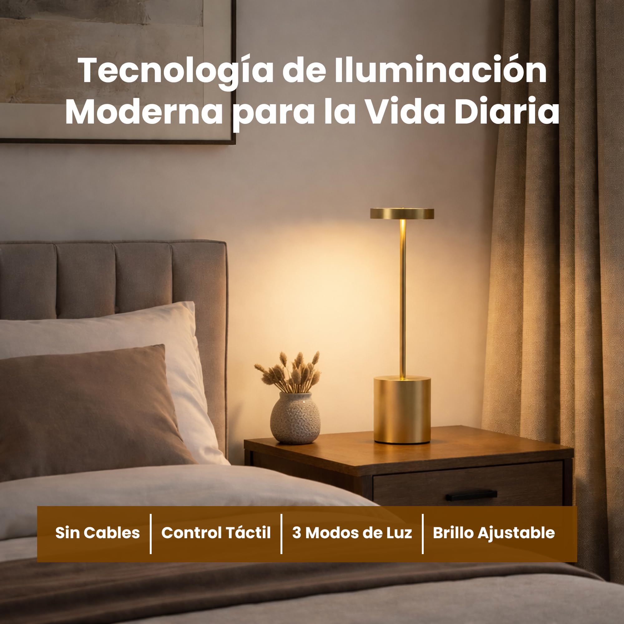 Pack de 2 Lámparas de Mesa LED Inalámbricas Recargables Doradas – Control Táctil, 3 Modos de Luz, Brillo Regulable, Diseño Moderno para Dormitorio, Salón, Restaurante o Bar