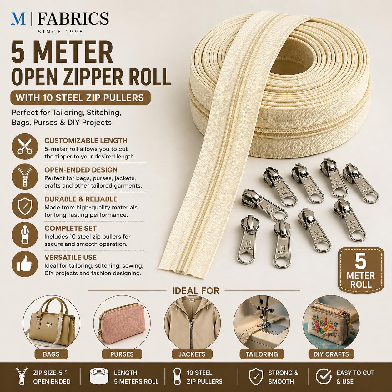 M Fabrics 5 Meters Open Zipper with 10 Steel Zip Puller in Meter for Tailoring, Stitching, Bags and Purse (Open Ended Zip) - (5 Meter Roll + 10 Steel Zips Runner) - (Cream)