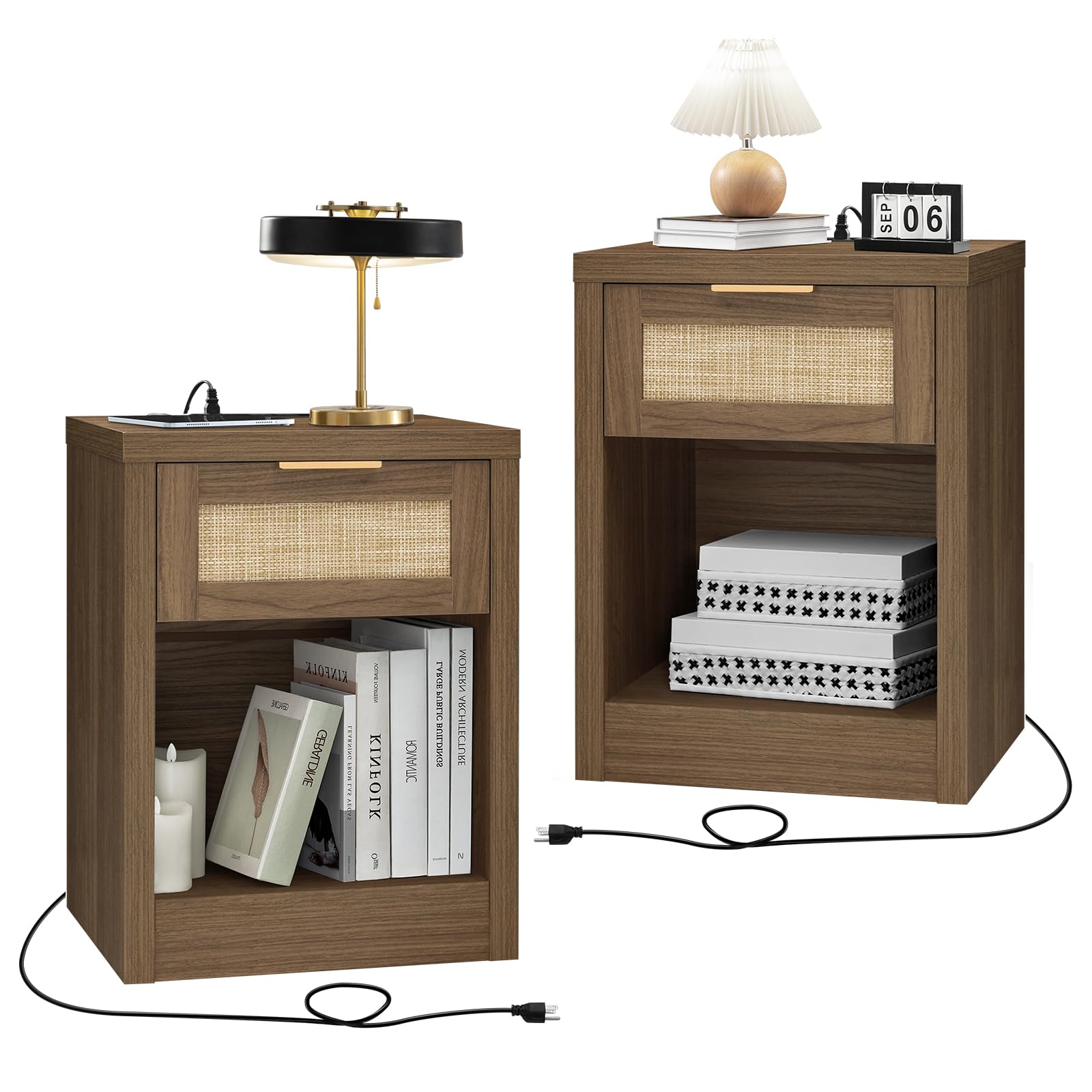 Nightstand Set of 2, Rattan Night Stand with Type-C Charging Station, Bedside Table with Drawer, Boho Bed Side Table End Table Accent Table for Bedroom Living Room (Special Walnut)