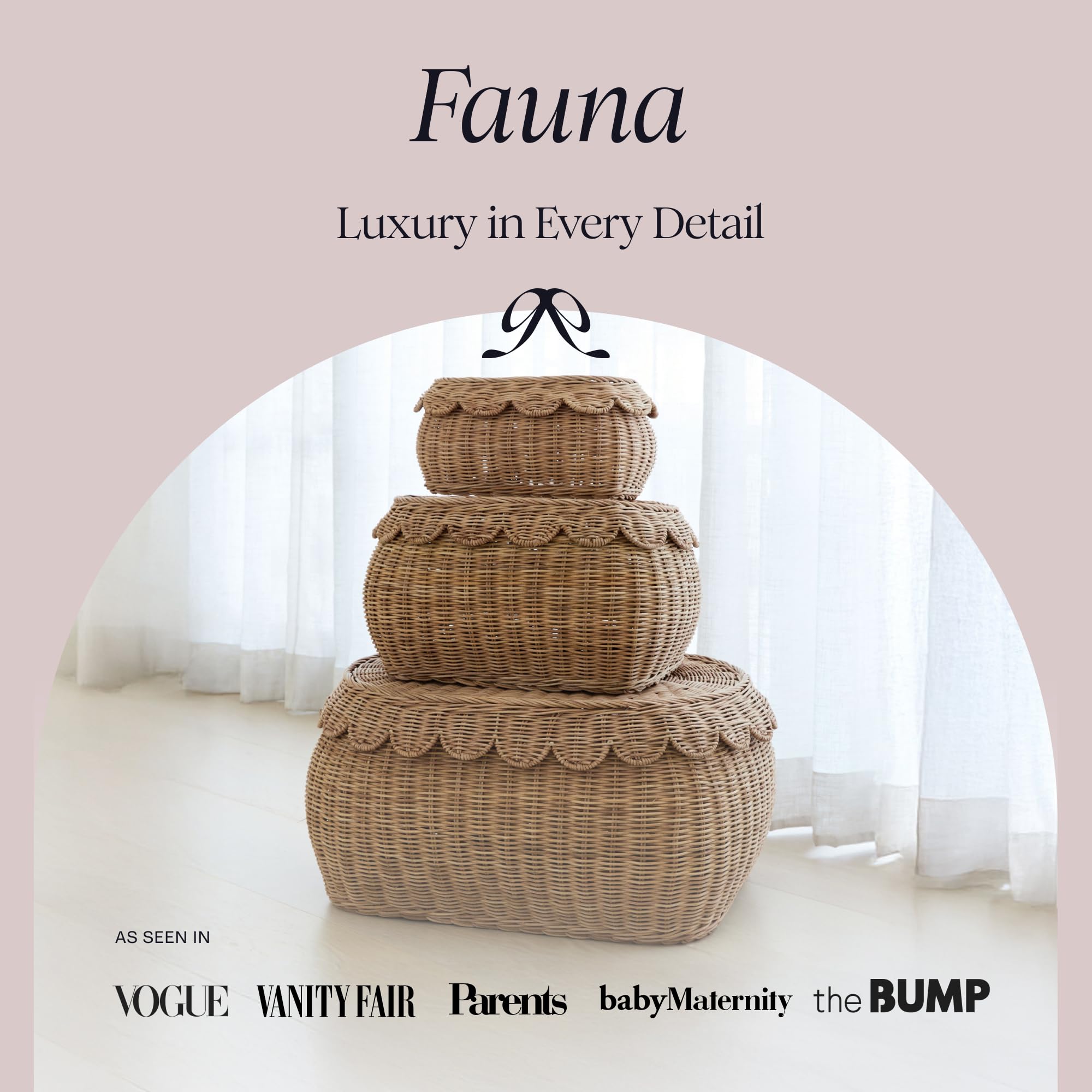 BEBE BASK Large Scalloped Basket Set Of 3 - Hand-Woven & Award-Winning Scallop Basket - XL - Extra Large for Blankets 22 x 16 x 10 In - Elegant Wicker With Scalloped Edge Lid (Mocca)