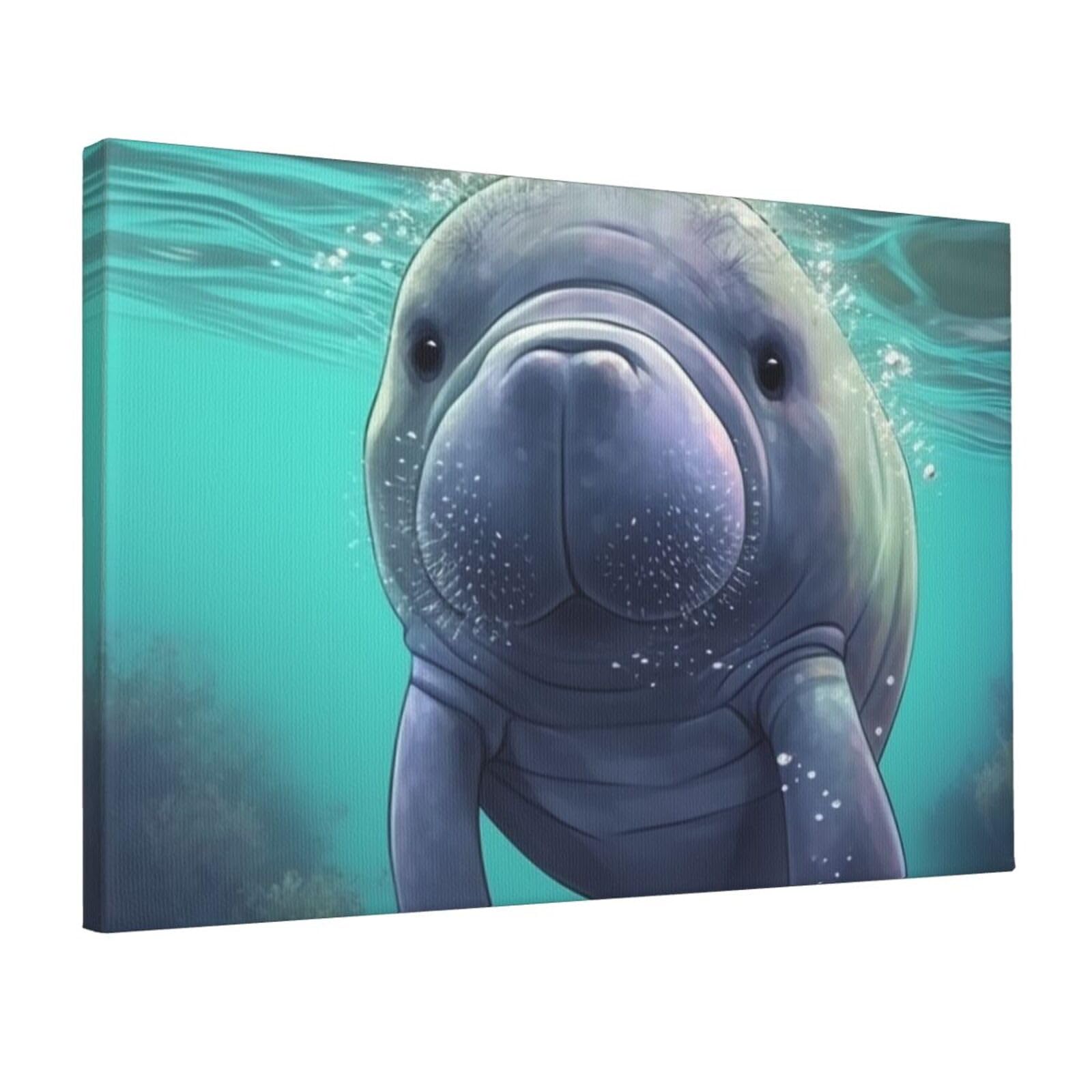 Canvas Wall Art for Living Room Wall Decor 12"x18" Modern Artwork Painting Pictures Hanging Canvas Prints Cute Sea Animal Manatee Aesthetic Wall Art for Bedroom Bathroom Office Wallart Decor
