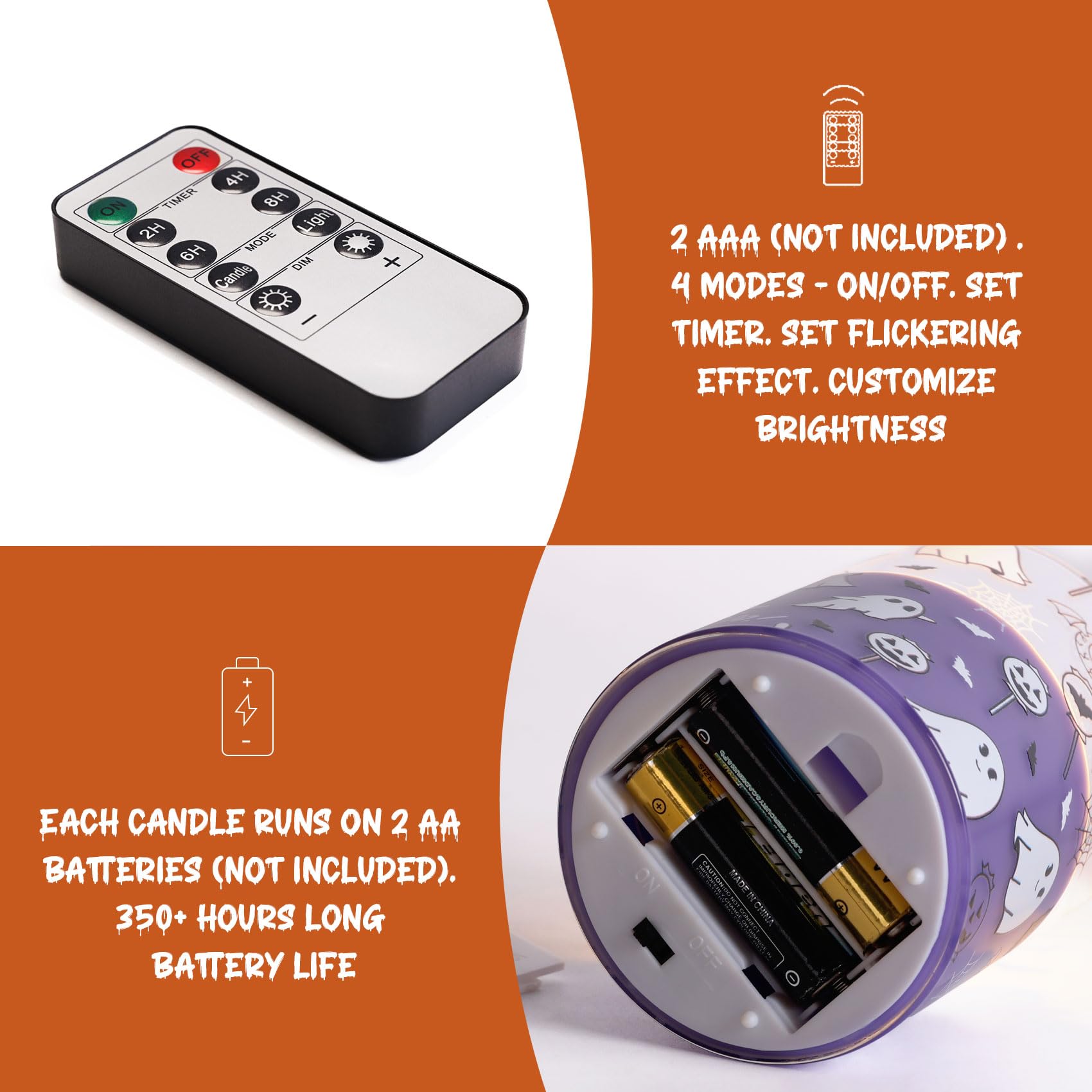 Candele in vetro senza fiamma con telecomando, candele a pilastro LED viola fantasma a batteria, set di 3