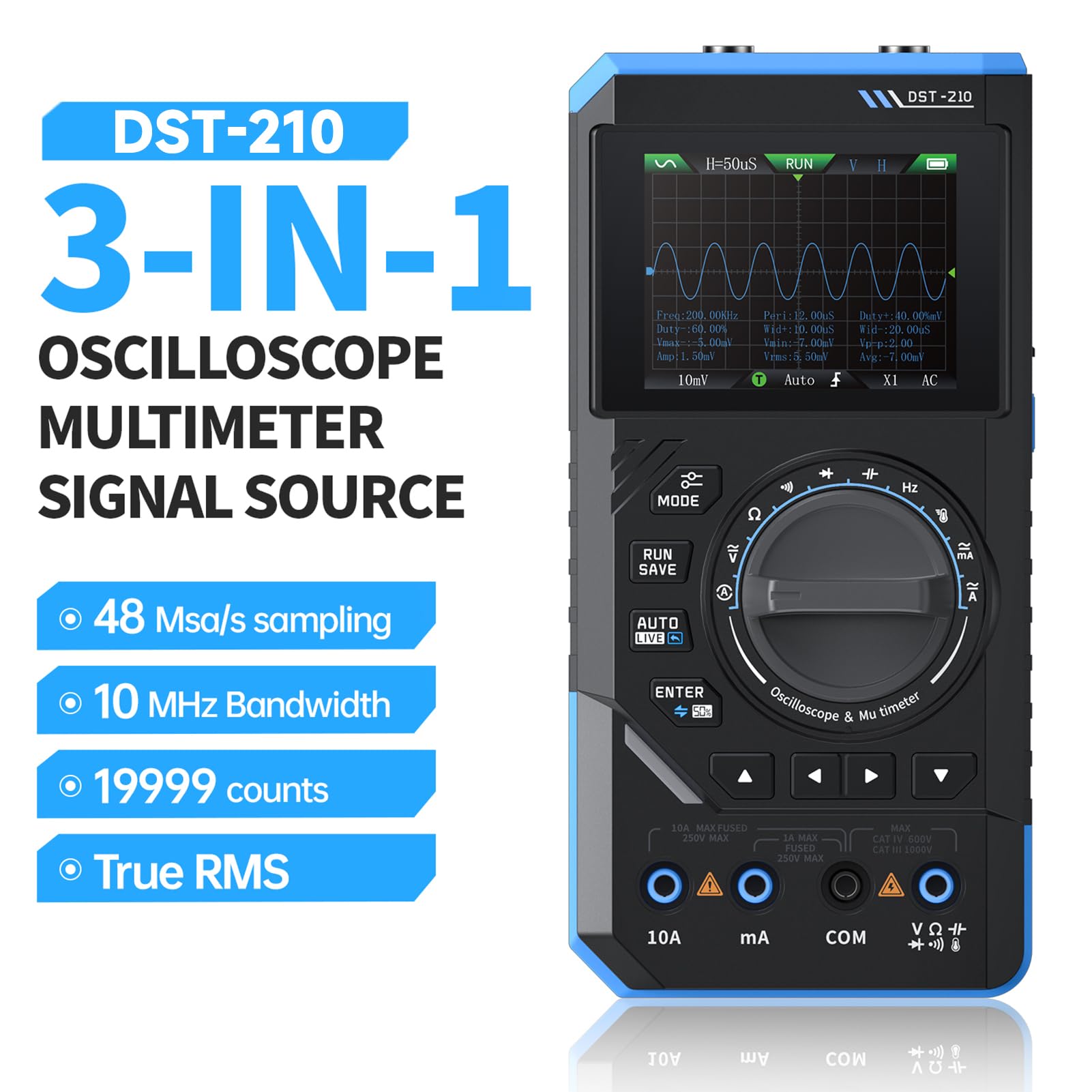 Osciloscopio Portatil DST-210 Multimetro Digital Profesional Generador de Señales 3 en 1 Multimetro Tester 19,999 Cuentas Comprueba Voltaje CA/CC, Corriente, Capacitancia, Resistencia y Diodos