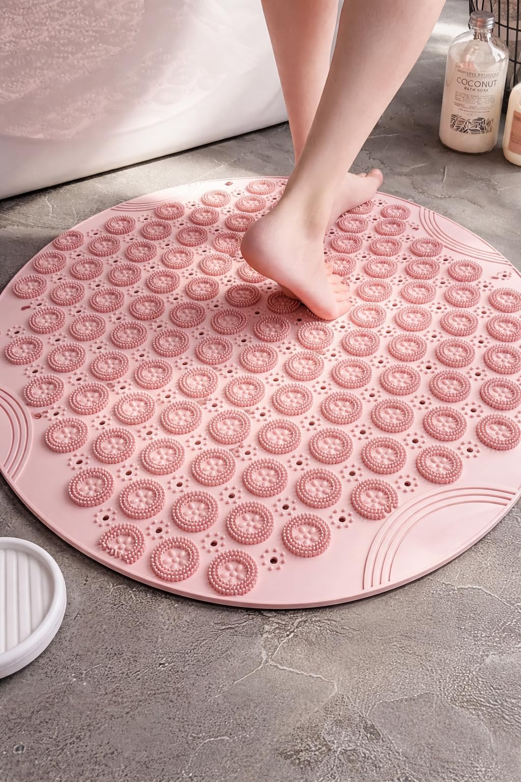ANS Round Bathroom Anti-Skid Shower Mat 17x17 Inch | Powerful Suction Cup Base | Massage Texture with Drain Holes | Safety Bath Mat for Kids, Adults & Elderly Peach