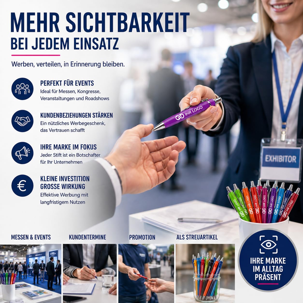 WPRO Personalisierte Kugelschreiber 250 Stück mit Logo Kunststoff blau schreibend; Werbekugelschreiber bedruckt für Messe Events Promotion Streuartikel Javi