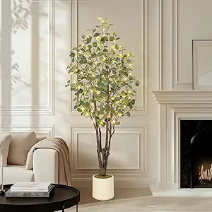 GarveeHome Artificial Eucalyptus Tree, 6ft Tall Fake Artificial Plant with White Planter,Large Faux Floor Plant Fake Silk Trees with 50 Lights Artificial Trees for Home Decor Indoor