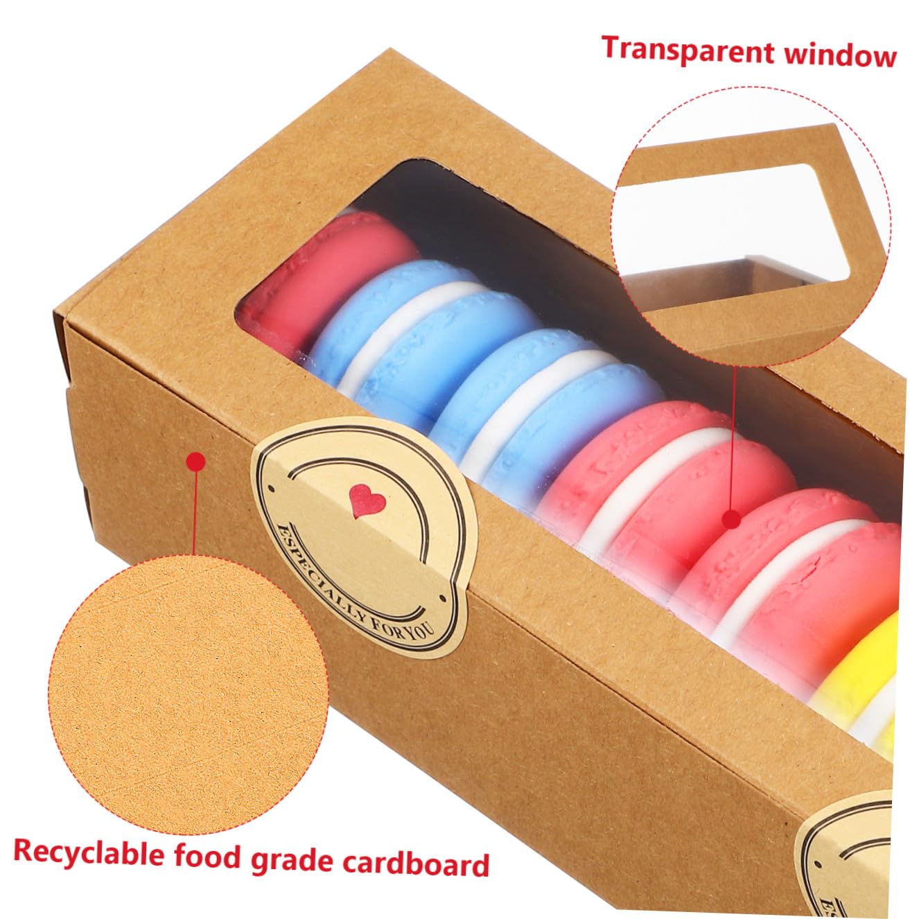 Mobestech Lot de 50 Boîtes à Macarons en Carton Kraft Marron avec Fenêtre Transparente, Légères Autocollants, pour Boutique ou Usage Domestique