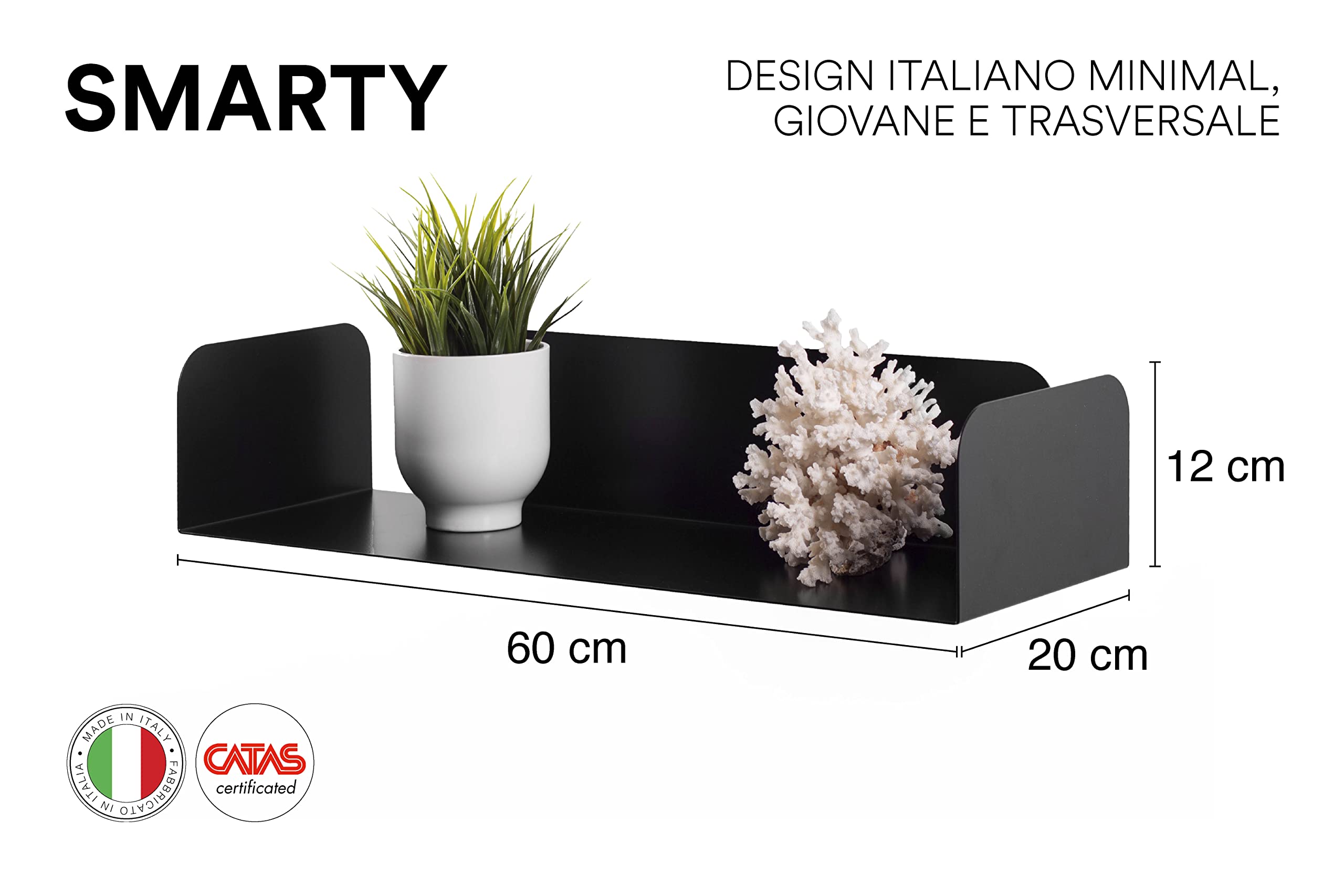 D-Segno Mensole da muro moderne Smarty. Mensola da muro design Office. Giocose, giovani e funzionali. Semplice e veloce da montare | P20 L60 X H12 cm |100% Made in Italy (Nero, 2 Pezzi)