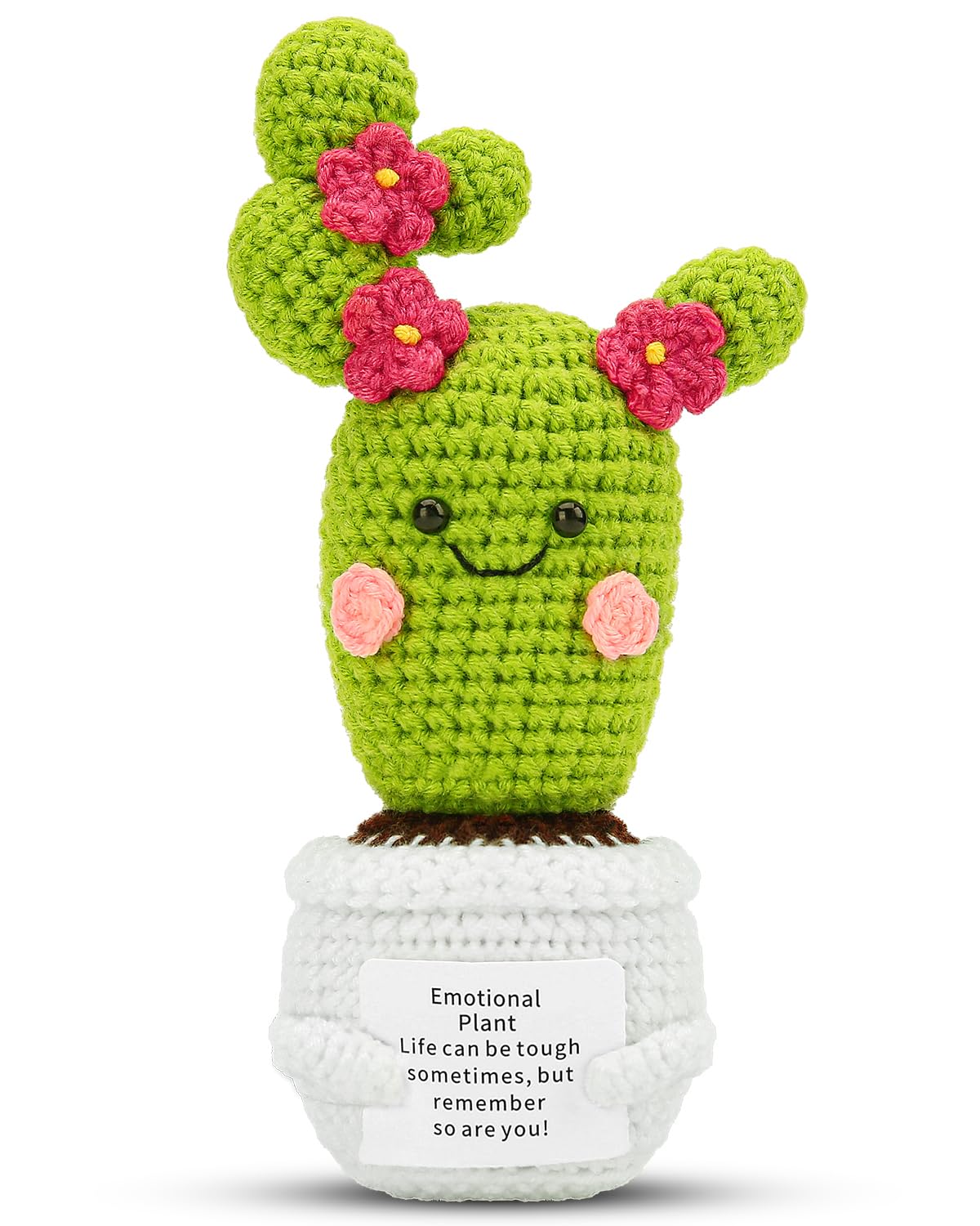 Hoedia Handmade Emotional Pickle Gift, Emotional Cucumber Crochet Doll Inspirational Gifts with Cards, Cute Knitted Funny Support Pickle Potato Friend Birthday (Blossom Cactus)
