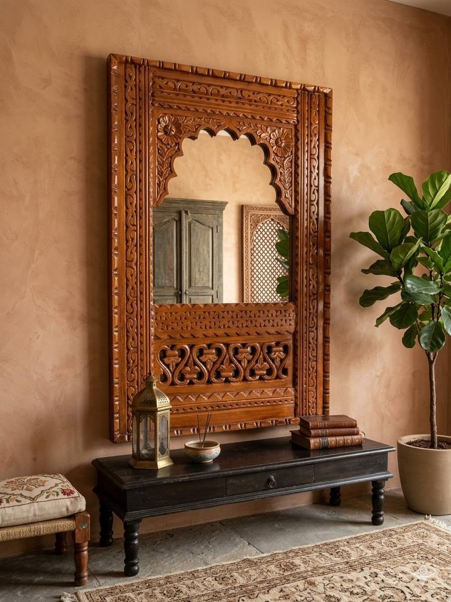 Hand-Carved Wooden Jharokha Frame Wall Mirror, Traditional Rajasthani Style, Brown-image-39
