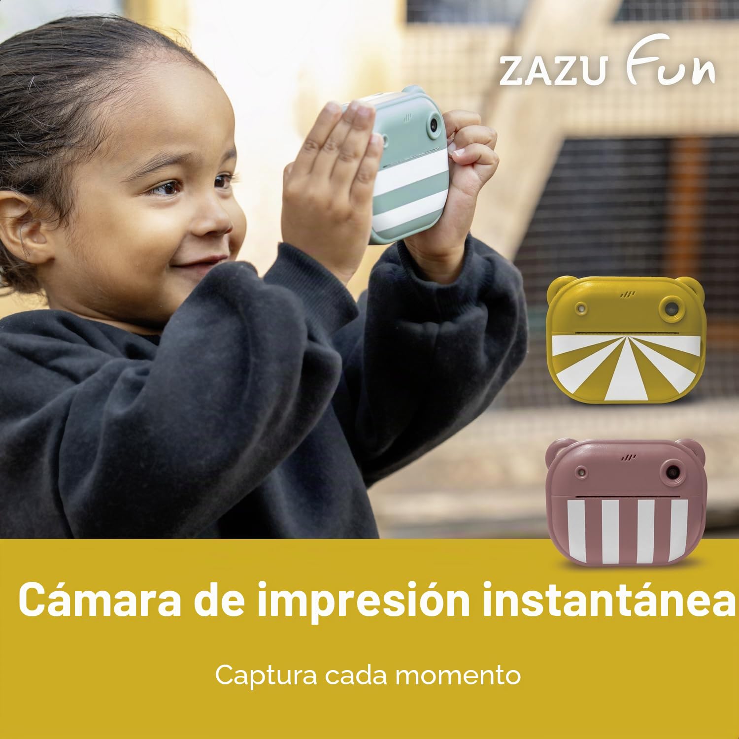 ZAZU Cámara digital instantánea para niños | Fotos de alta resolución de 48MP | Pantalla a color de 2" | Full HD 1080P Videos | Impresión térmica sin tinta | Batería recargable | Incluye 2 rodillos de
